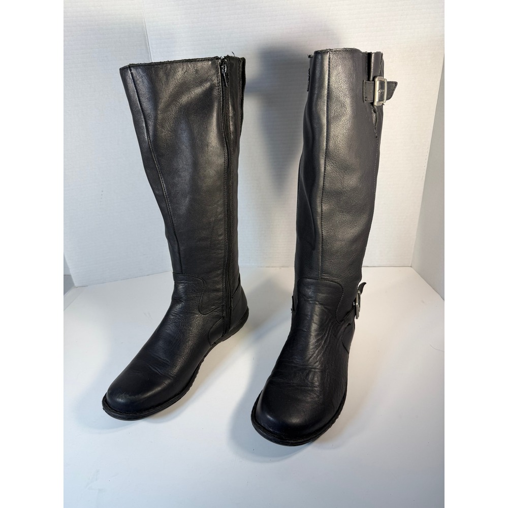 Born Womens Black Leather Tall Knee High Riding Boots Full Side Zip Block Heel
